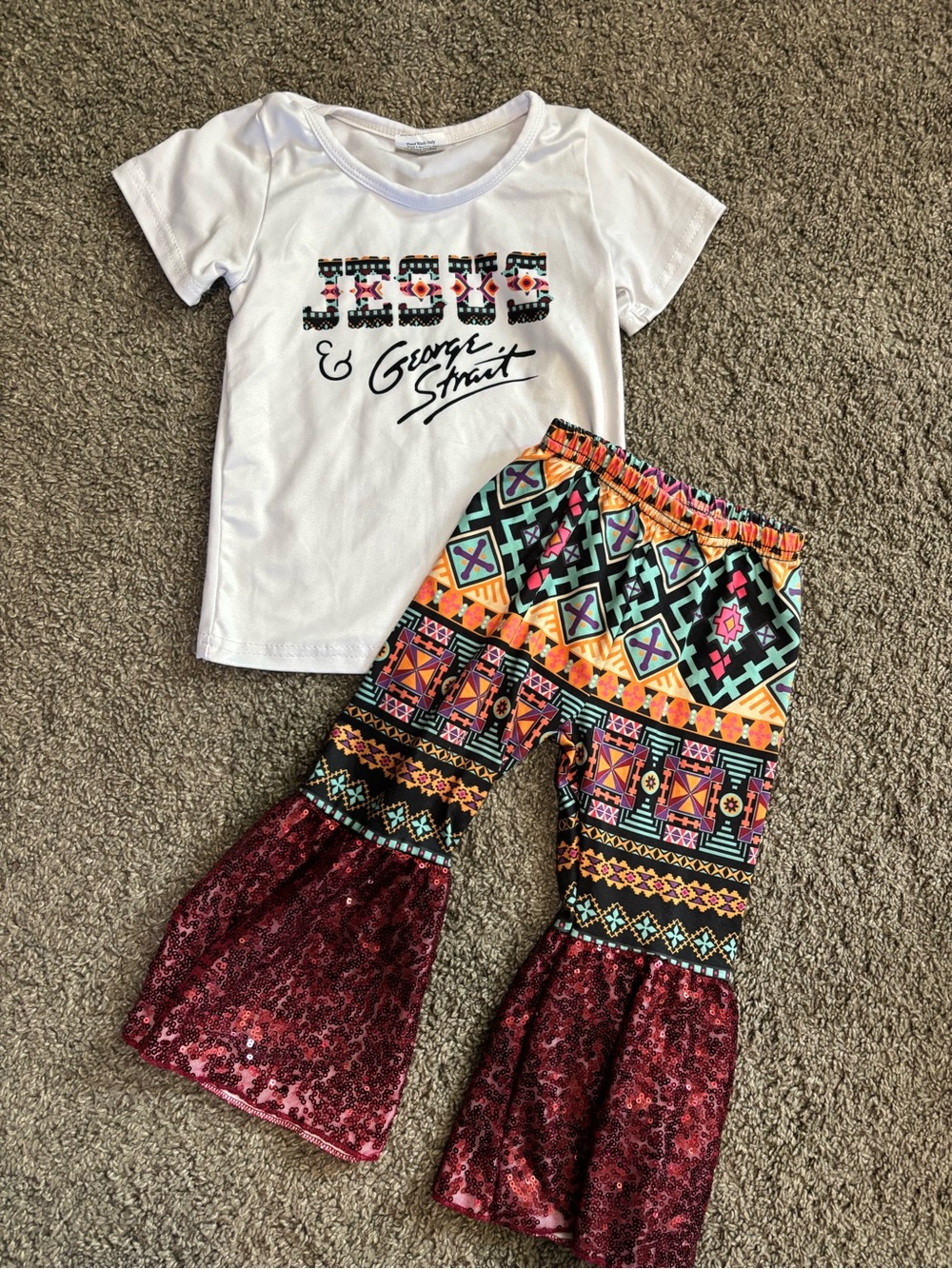 White Graphic Tee & Colorful Aztec Bell-Bottom Pants Set